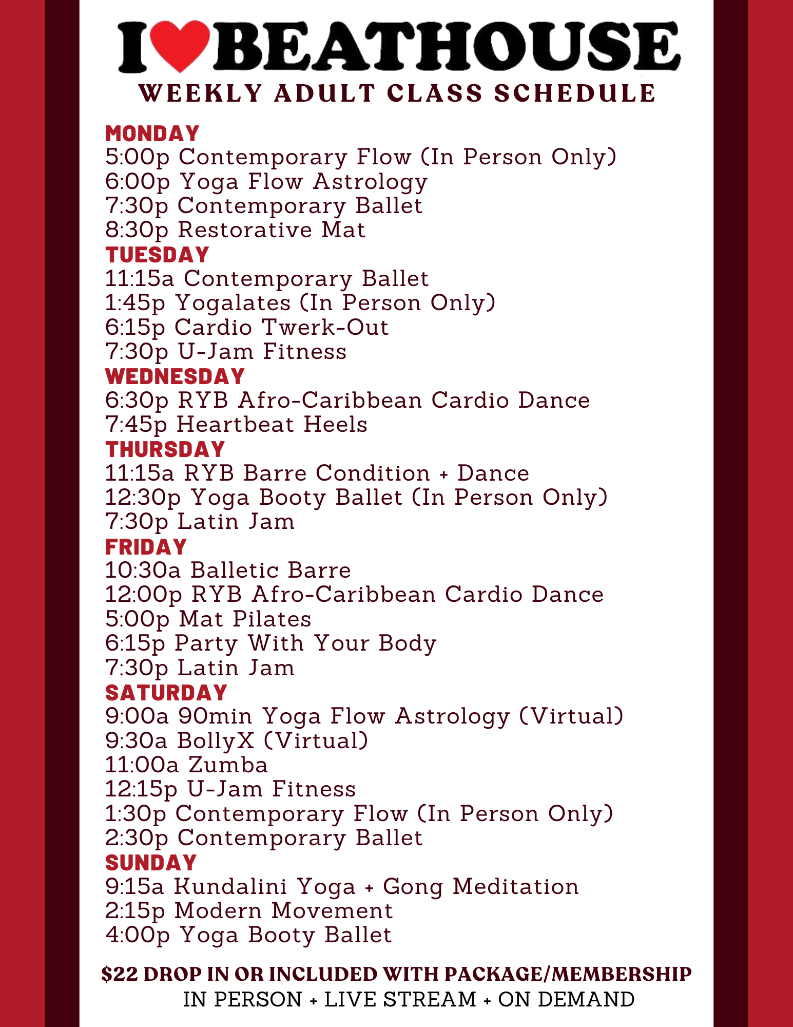 Updated Weekly Class Schedules! Heartbeat House