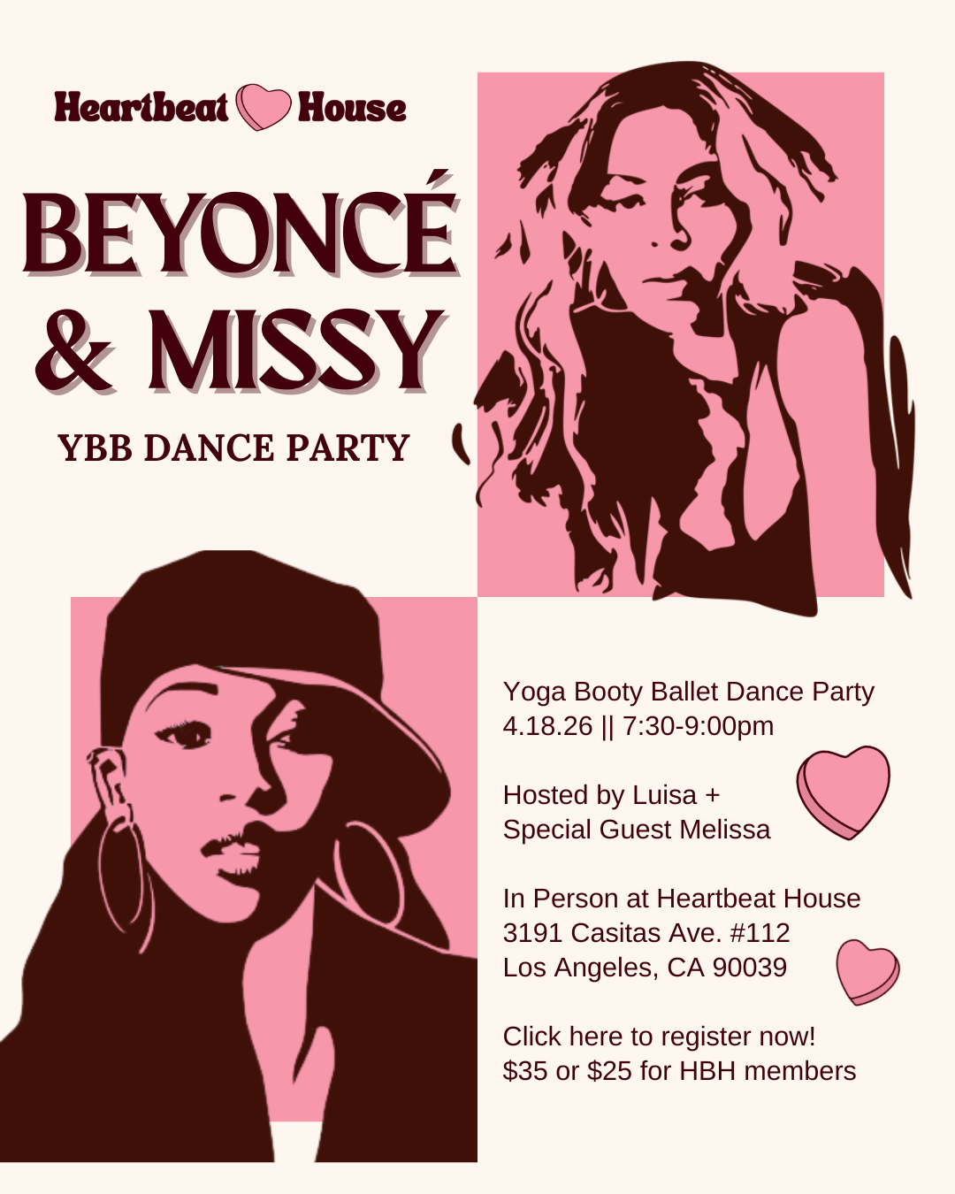 Beyoncé and Missy Elliott themed dance party at Heartbeat House on April 18th 7:30-9:00pm