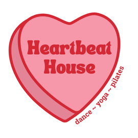 a pink heart that says Heartbeat House in the center, with the words dance, yoga, and pilates surrounding it