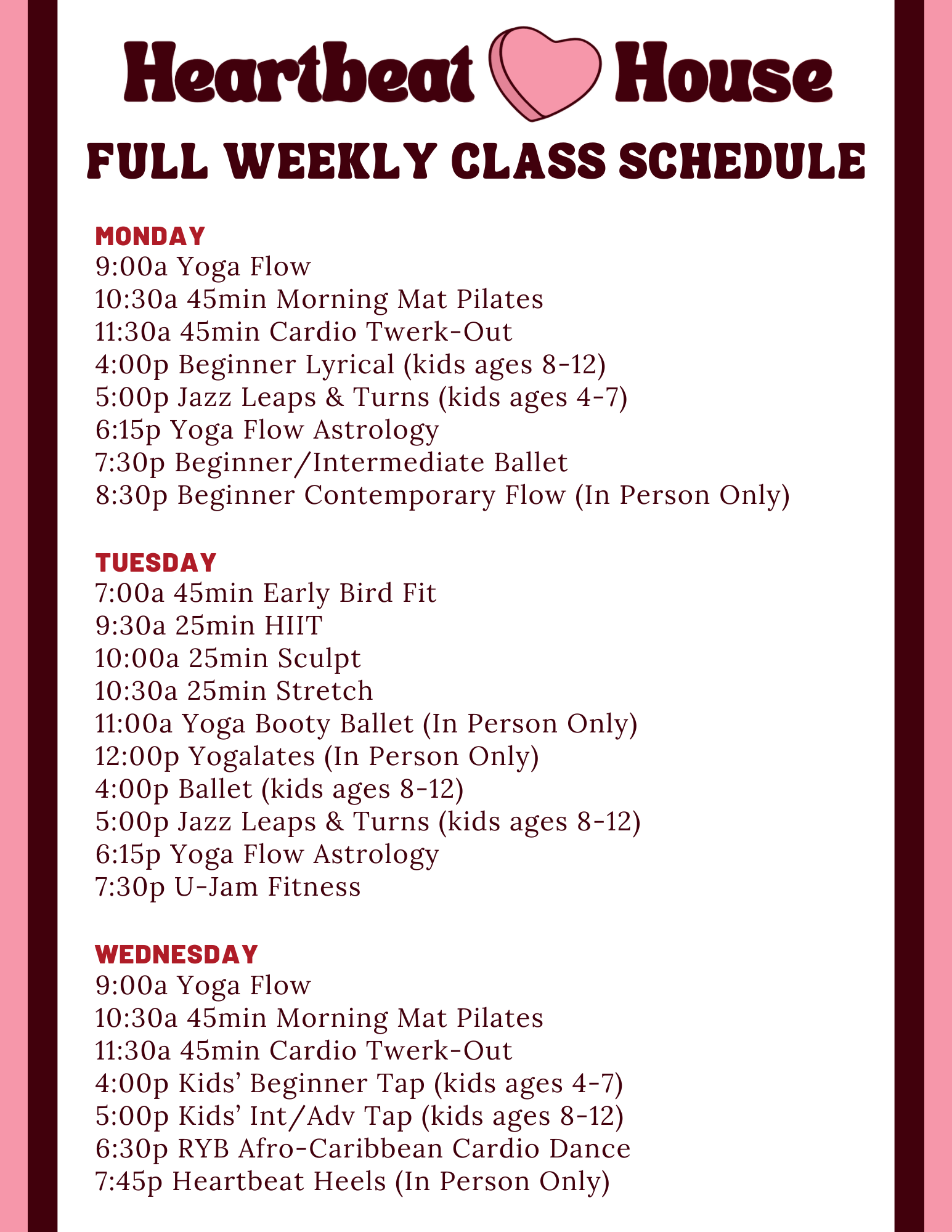 Heartbeat House Full Weekly Class Schedule