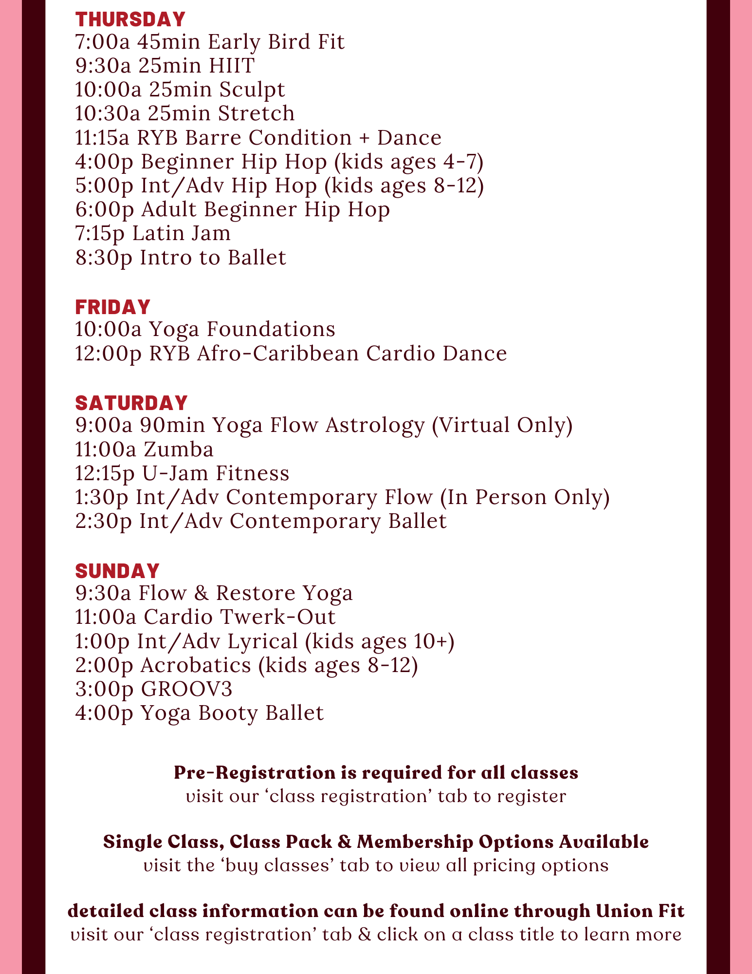 Heartbeat House full weekly class schedule