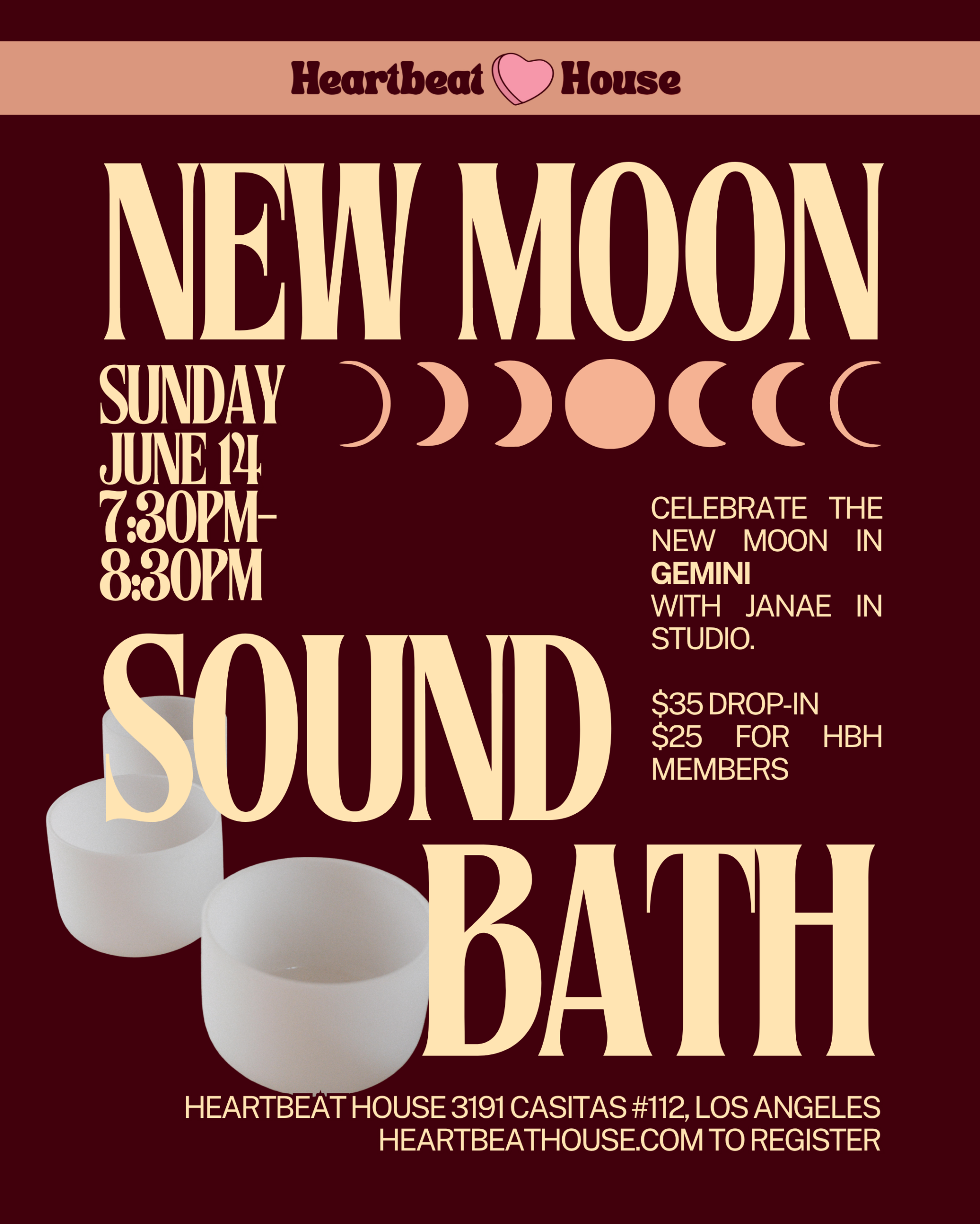 Gemini New Moon Sound Bath hosted by Janae at Heartbeat House in Los Angeles, CA. This crystal bowl sound bath takes place on June 14th 7:30pm-8:30pm. You can register online to save your spot!