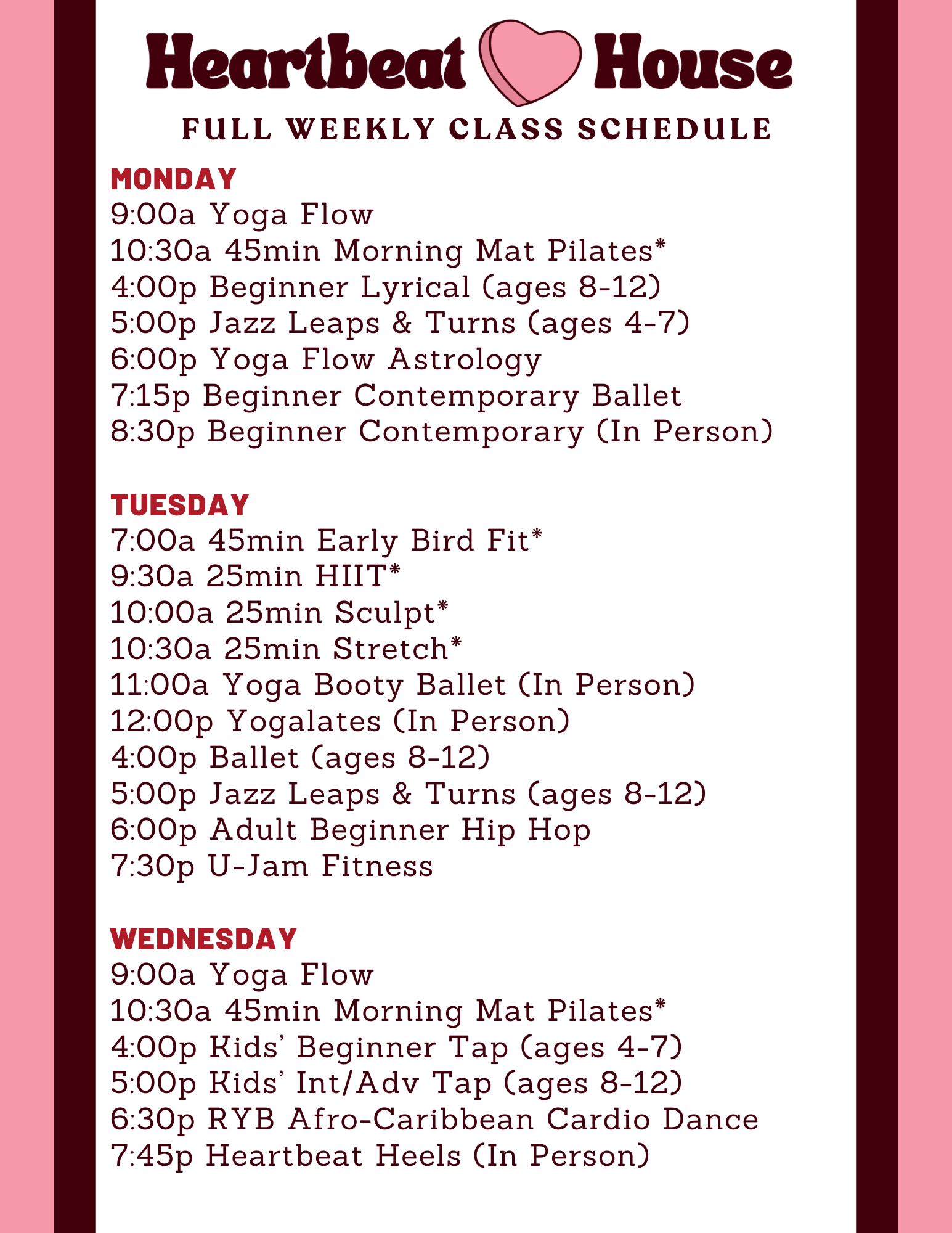 full schedule Heartbeat House Mon-Wed