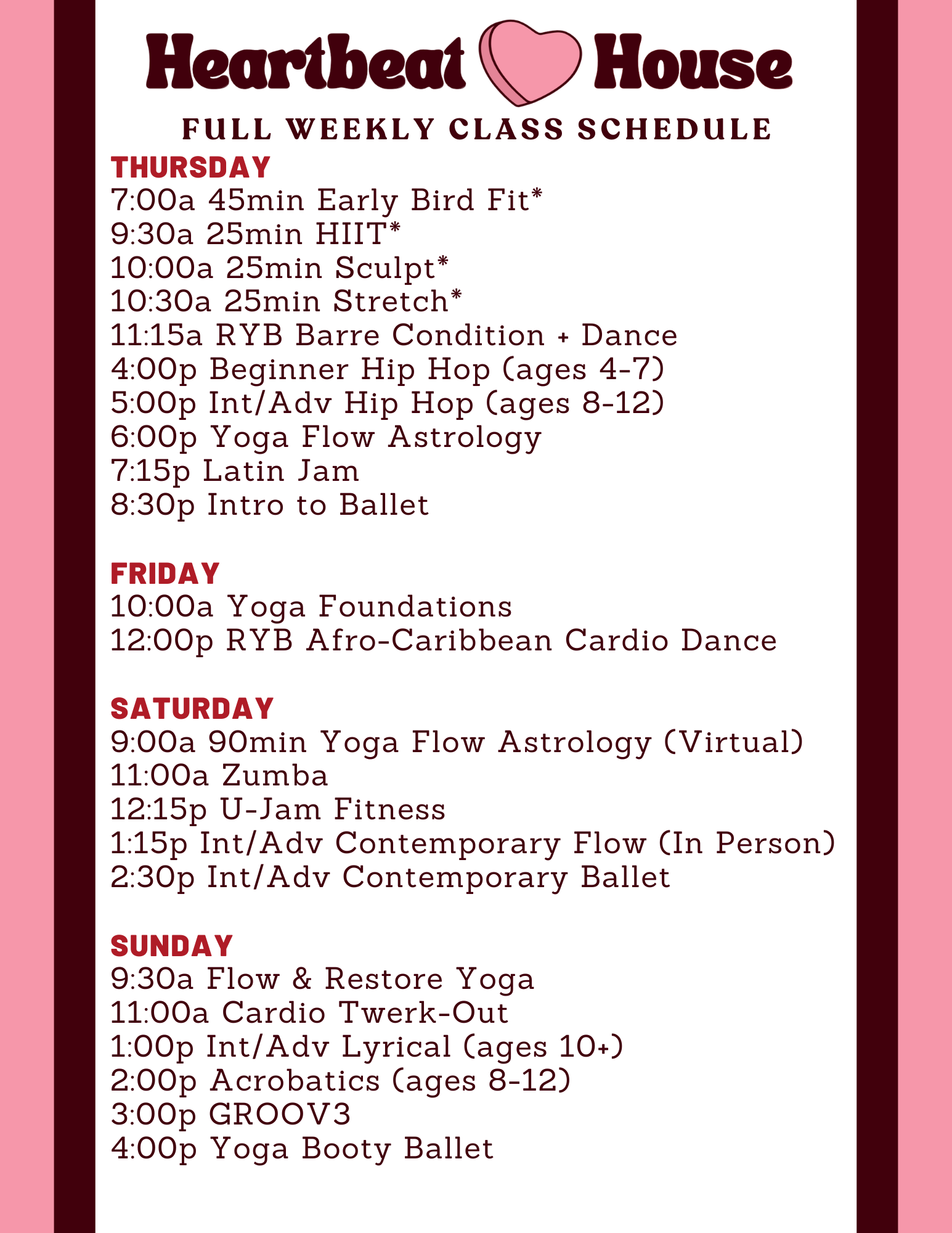 Heartbeat House schedule Thurs-Sun