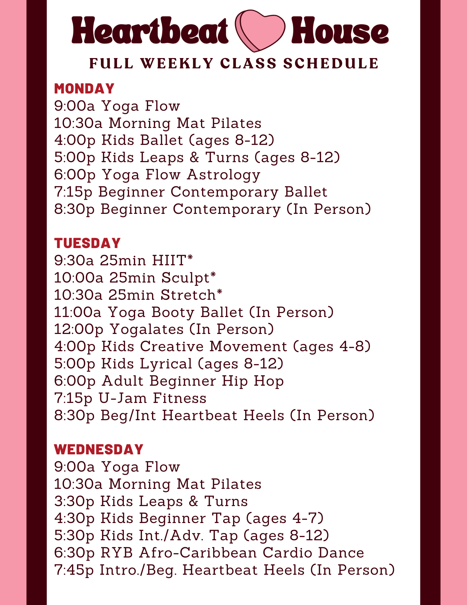 Heartbeat House Full Schedule Mon-Wed