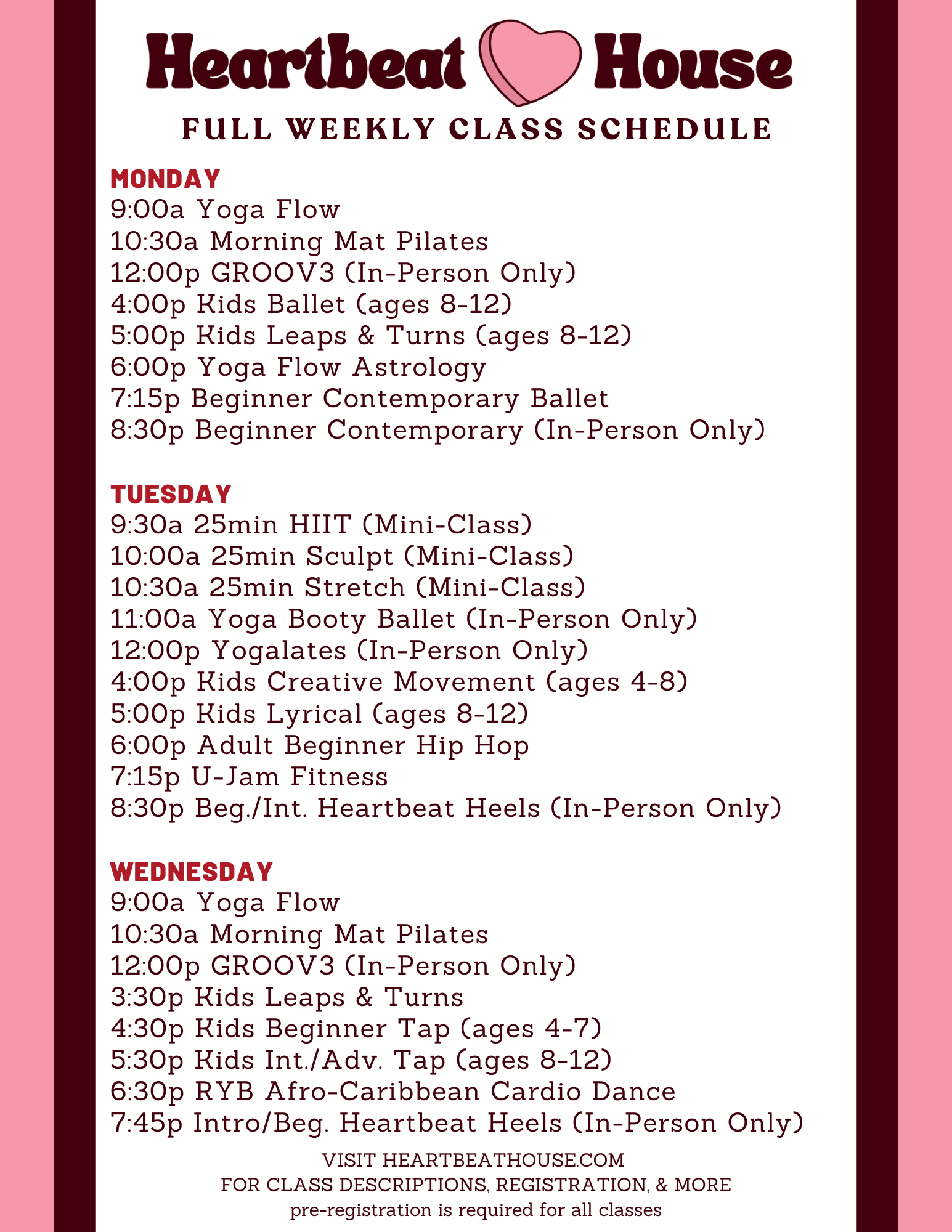Heartbeat House full schedule Mon-Wed