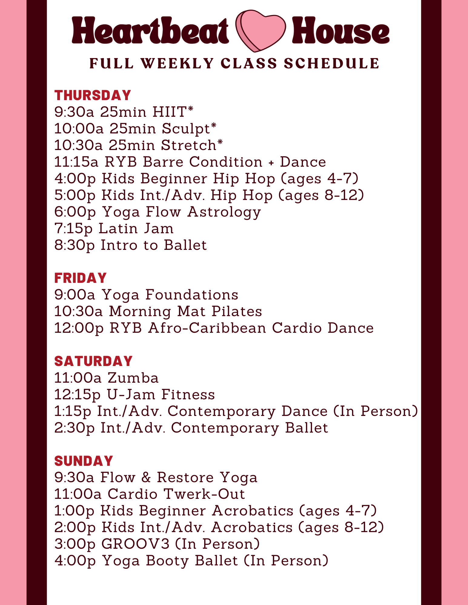 Heartbeat House Full Schedule Thurs-Sun